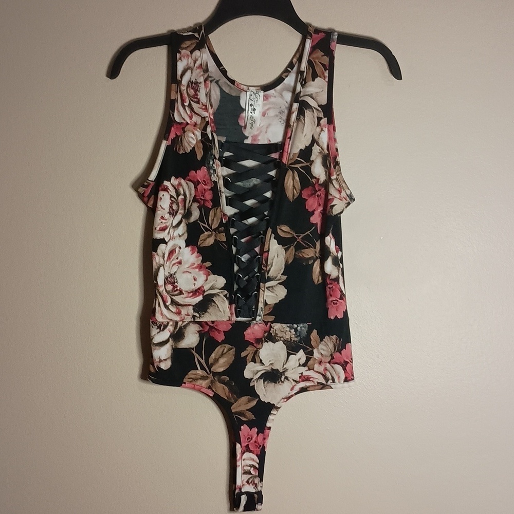 Topia Sleeveless Lace-Up Black Floral Bodysuit